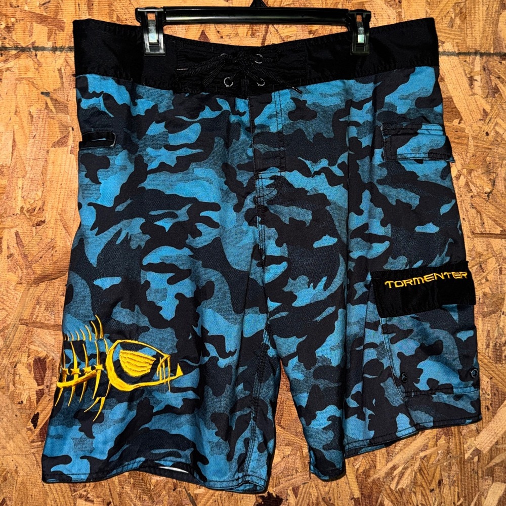 Tormenter Blue Camo Waterman Board Shorts Fishing Surfing 5 Pocket SPF-35 Men 36